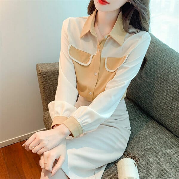 Retro Korea Color Block Shirt Collar Long Sleeve Blouse 2