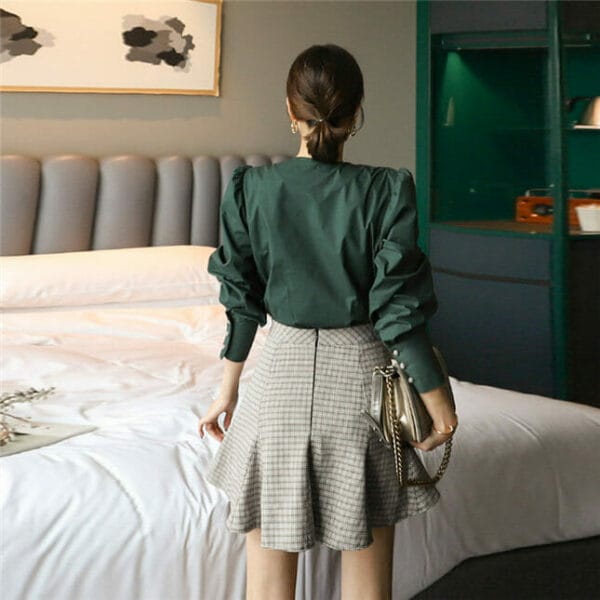 Retro Korea Flouncing Puff Sleeve Blouse with Plaids Skirt 5