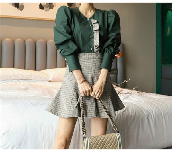 Retro Korea Flouncing Puff Sleeve Blouse with Plaids Skirt 4