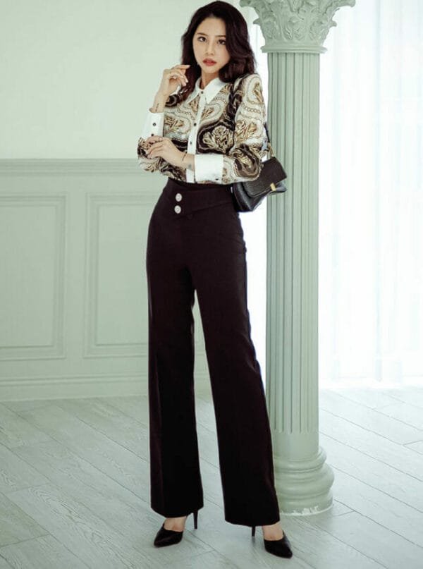 Retro Korea Flowers Blouse with High Waist Straight Long Pants 4