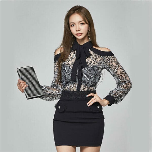 Retro Korea Lace Off Shoulder Blouse with Skinny Skirt 2