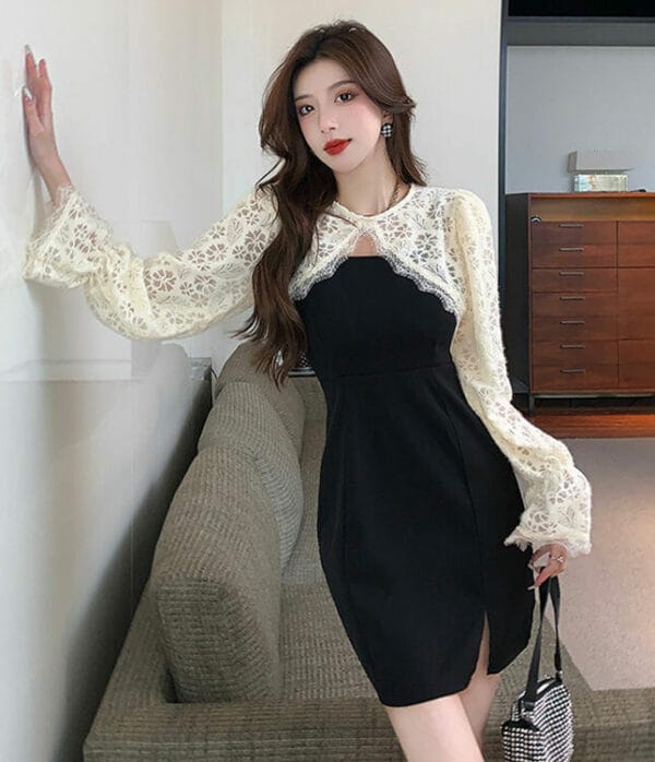 Retro Korea Lace Puff Sleeve Blouse Straps A-line Dress 4