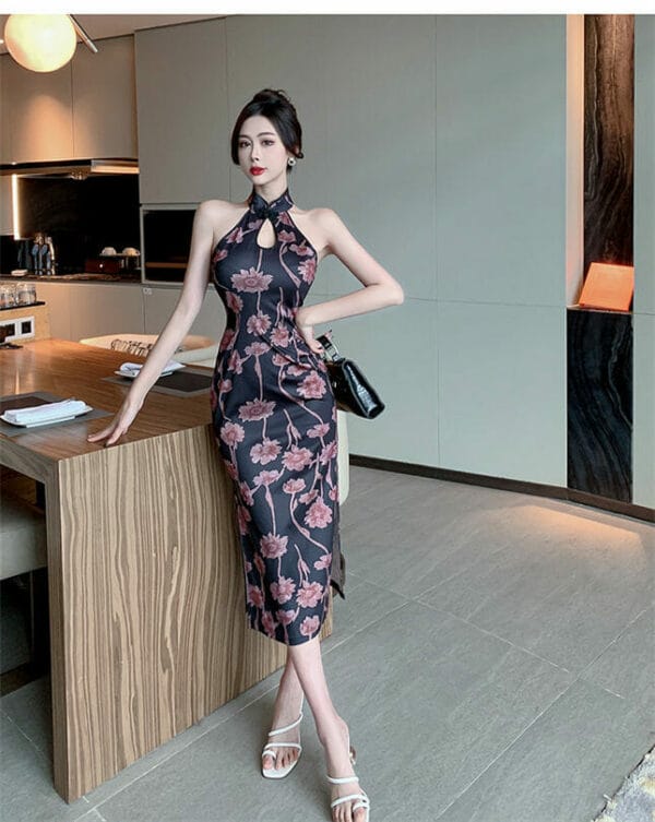 Retro Korea Off Shoulder Flowers Slim Cheongsam Long Dress 4