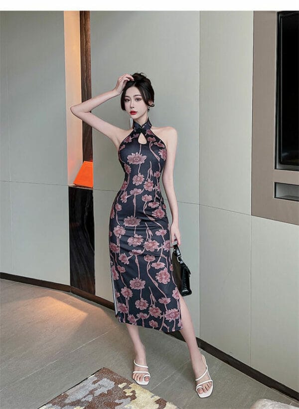 Retro Korea Off Shoulder Flowers Slim Cheongsam Long Dress 3