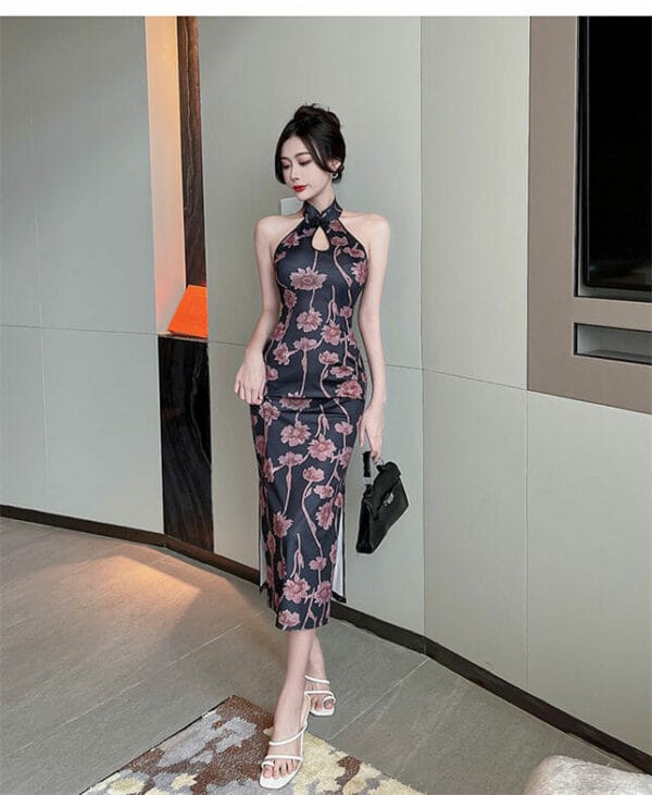 Retro Korea Off Shoulder Flowers Slim Cheongsam Long Dress 2