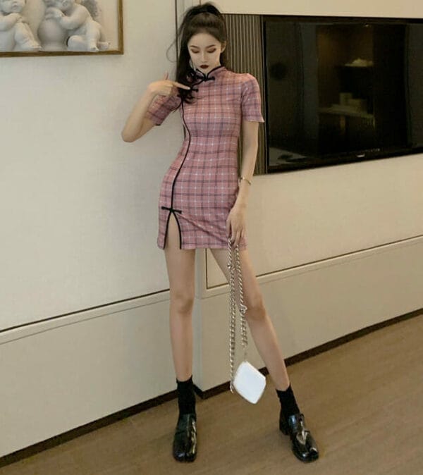 Retro Korea Plaids Short Sleeve Cheongsam Dress 4