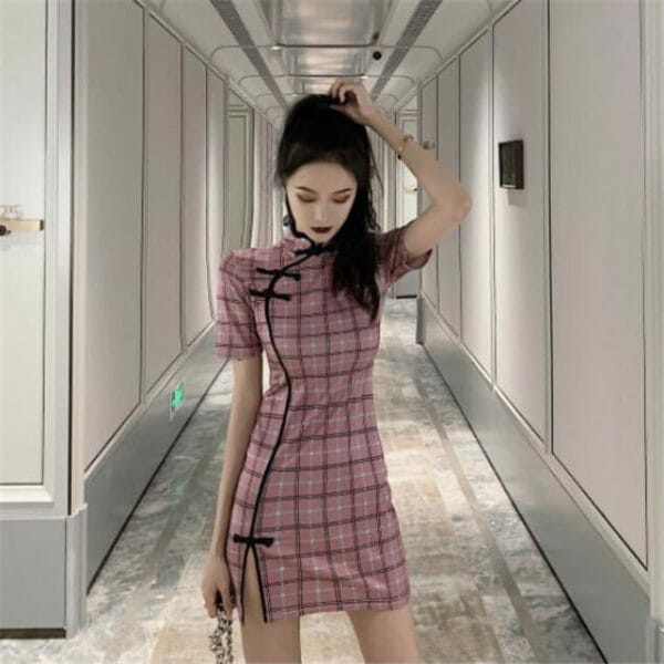 Retro Korea Plaids Short Sleeve Cheongsam Dress 2