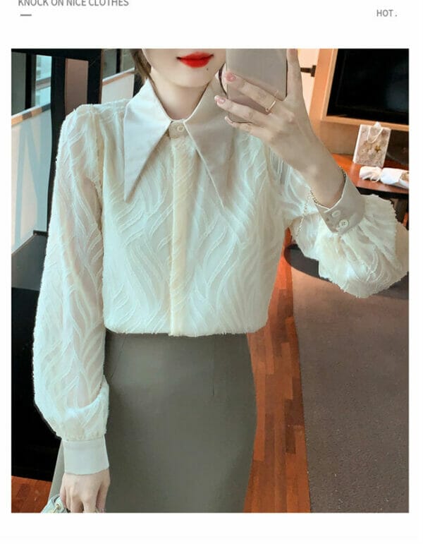 Retro Korea Pointed Shirt Collar Stripes Long Sleeve Blouse 3