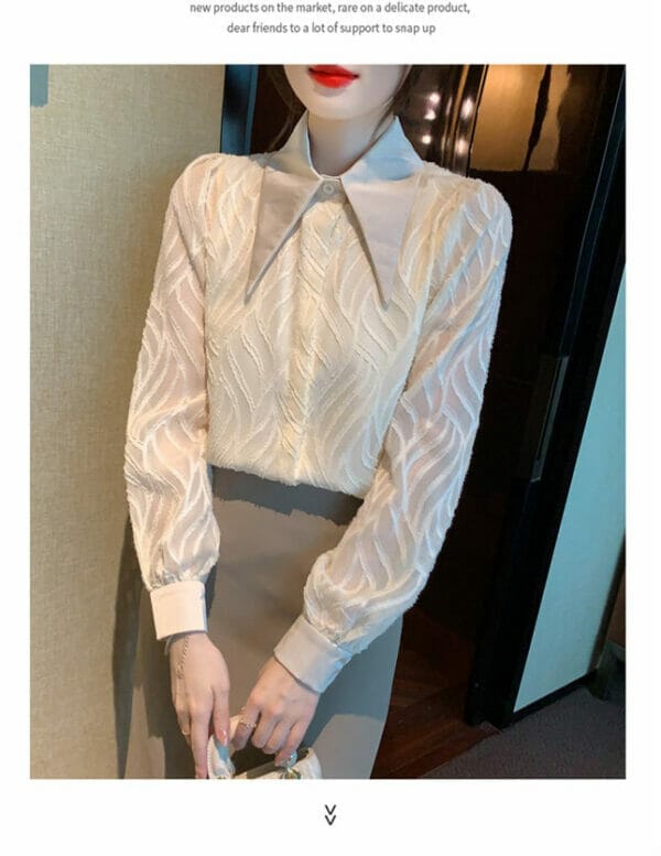 Retro Korea Pointed Shirt Collar Stripes Long Sleeve Blouse 2