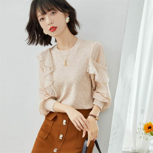 Retro Korea Round Neck Flouncing Sleeve Knitting T-shirts 5