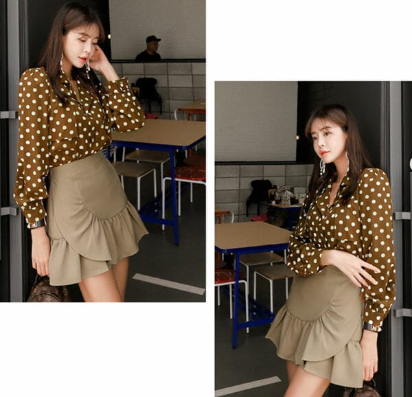 Retro Korea Tailored Collar Dots Blouse with Fishtail Skirt 3