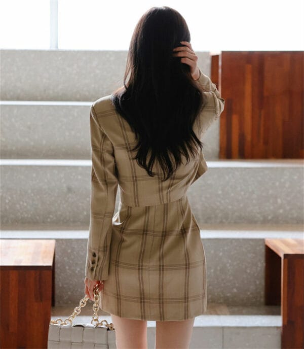 Retro Korea Tailored Collar Plaids Short Jacket with Straps Dress 5