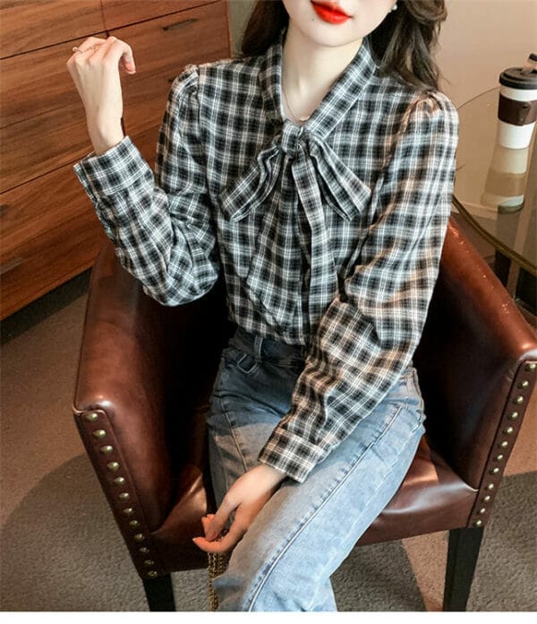 Retro Korea Tie Bowknot Collar Plaids Loosen Blouse 5