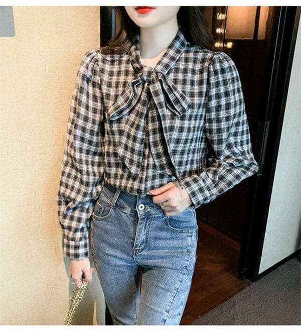 Retro Korea Tie Bowknot Collar Plaids Loosen Blouse 4