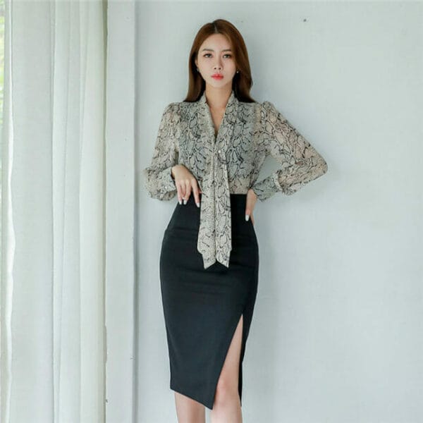 Retro Korea Tie V-neck Blouse with Split Skinny Skirt 4