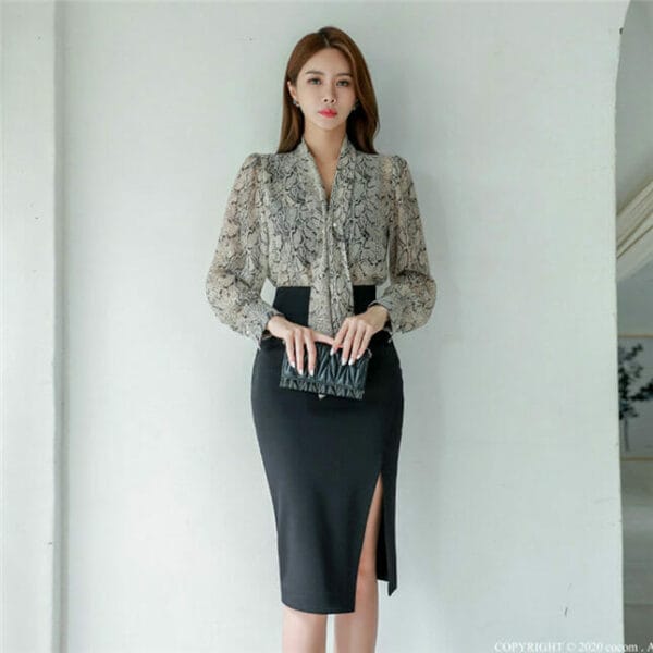 Retro Korea Tie V-neck Blouse with Split Skinny Skirt 3