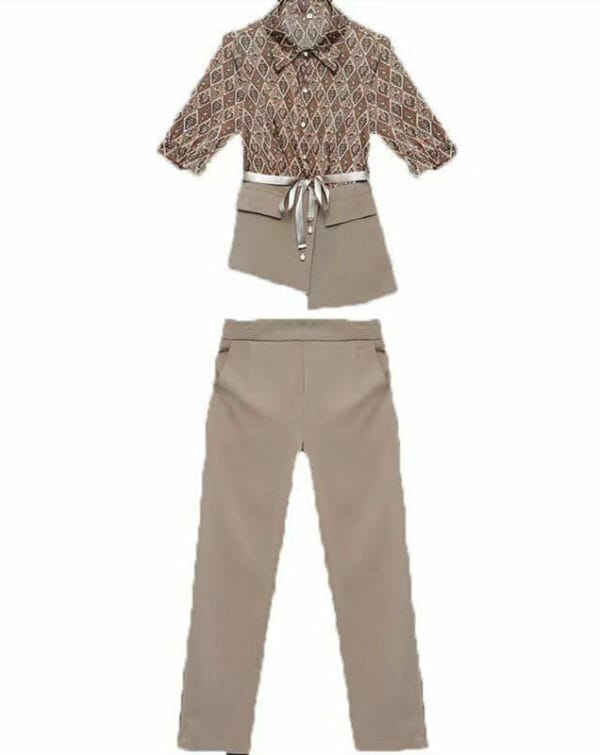 Retro Korea Tie Waist Flowers Blouse with Slim Long Pants 5