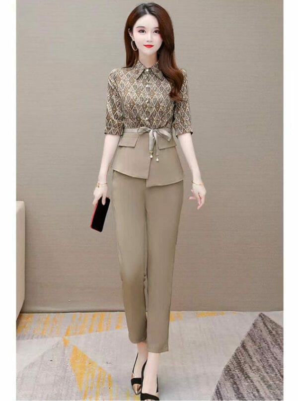 Retro Korea Tie Waist Flowers Blouse with Slim Long Pants 3