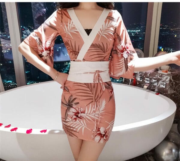 Retro Korea V-neck Tie Waist Flowers Flare Sleeve Dress 3