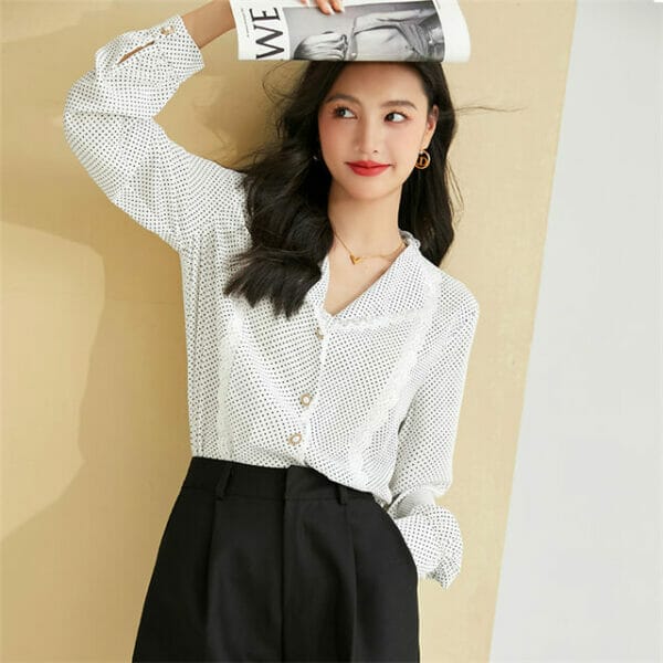 Retro Lace Splicing Tailored Collar Dots Blouse 2