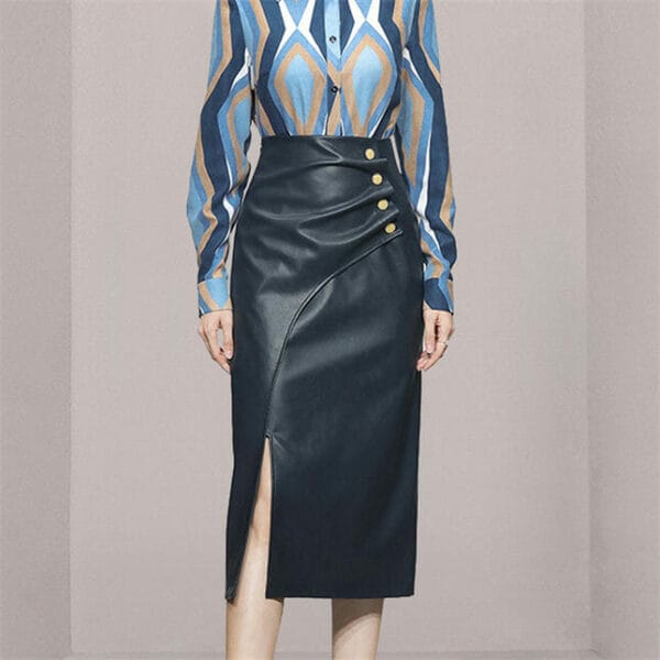 Retro OL Color Block Blouse with Pleated Slim Leather Skirt 4