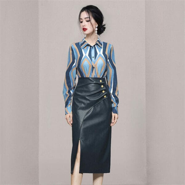 Retro OL Color Block Blouse with Pleated Slim Leather Skirt 2