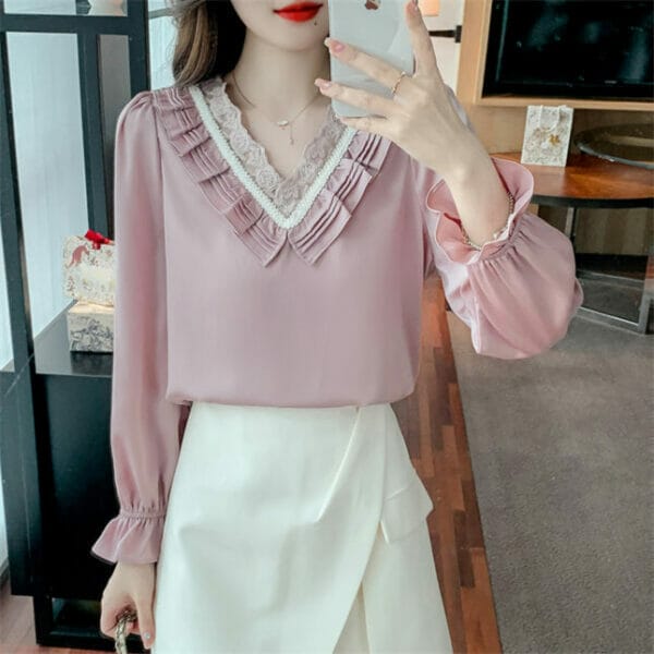 Retro OL Fashion Pleated Lace V-neck Puff Sleeve Blouse 5