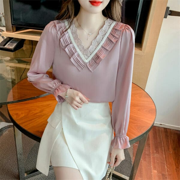 Retro OL Fashion Pleated Lace V-neck Puff Sleeve Blouse 4