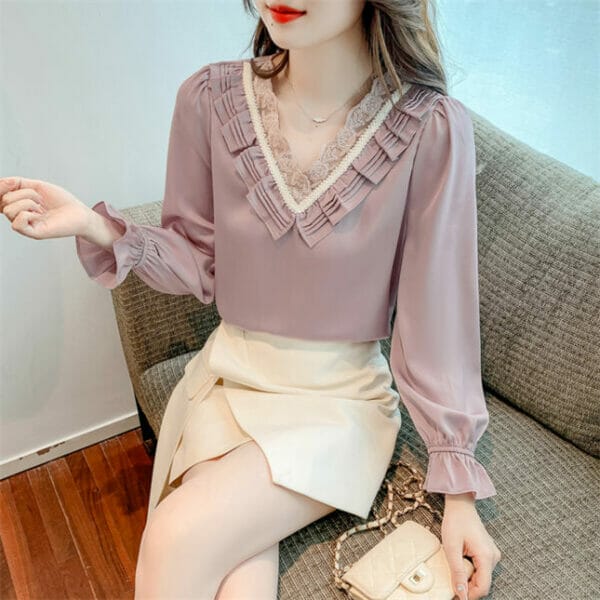 Retro OL Fashion Pleated Lace V-neck Puff Sleeve Blouse 3