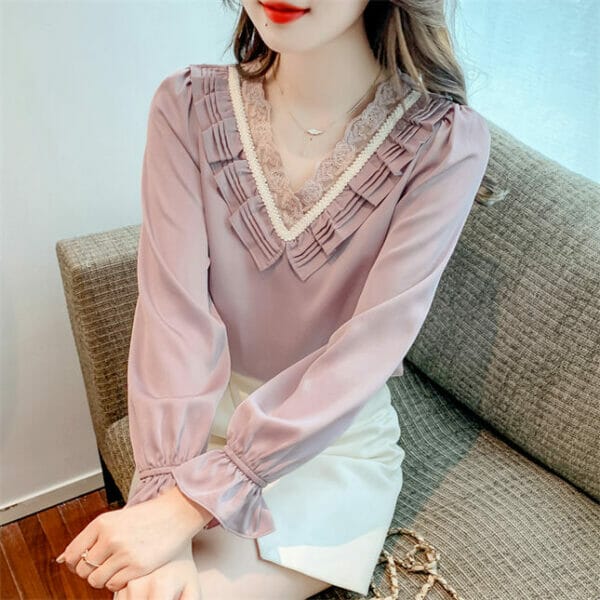 Retro OL Fashion Pleated Lace V-neck Puff Sleeve Blouse 2