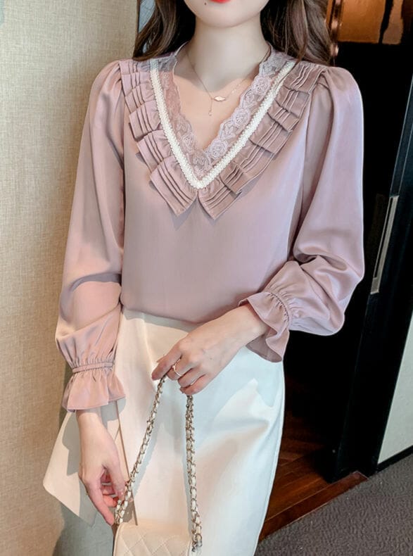  Women's Dresses Elegant V Neck Puff Sleeve Lace