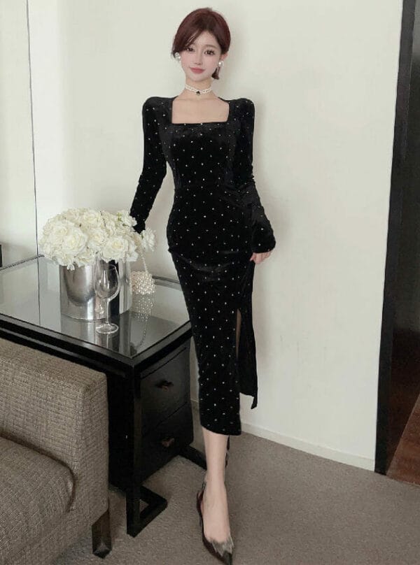 Retro OL Fashion Square Collar Dots Split Velvet Dress 3