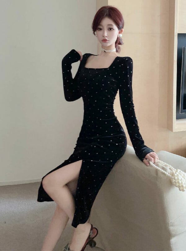 Retro OL Fashion Square Collar Dots Split Velvet Dress 2