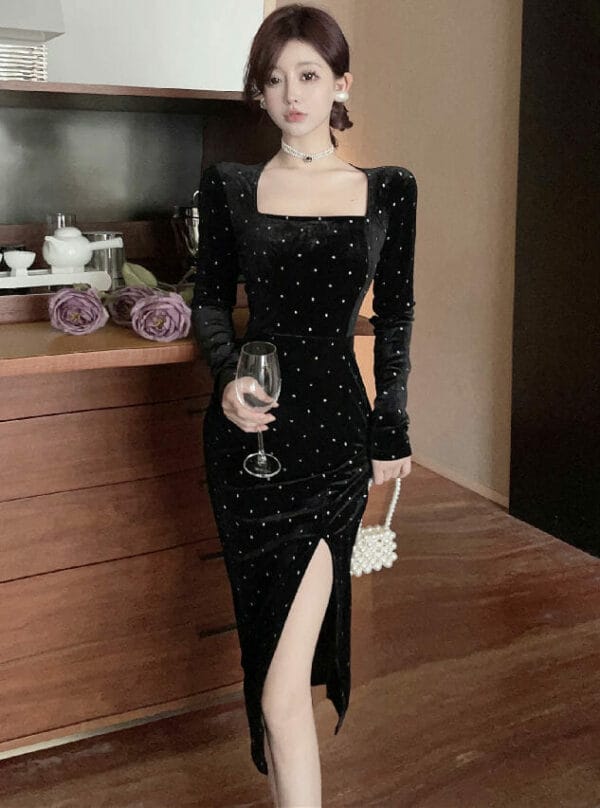 Retro OL Fashion Square Collar Dots Split Velvet Dress 1