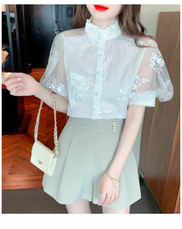 Retro OL Flowers Embroidery Stand Collar Puff Sleeve Lace Blouse 3