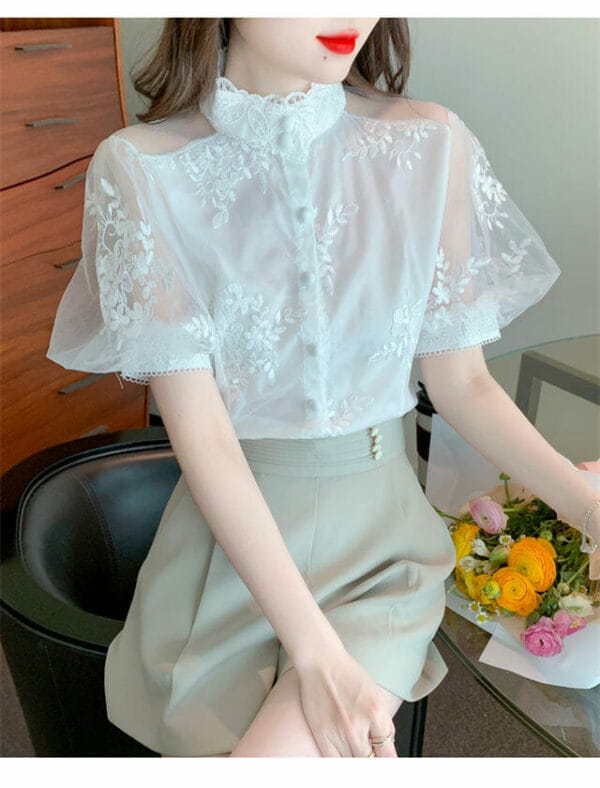 Retro OL Flowers Embroidery Stand Collar Puff Sleeve Lace Blouse 2