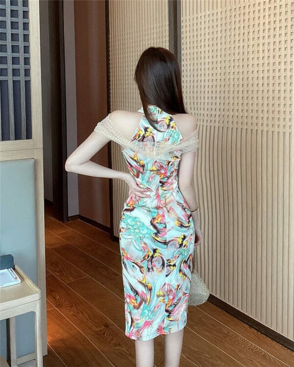 Retro Off Shoulder Flowers Slim Cheongsam Dress 5