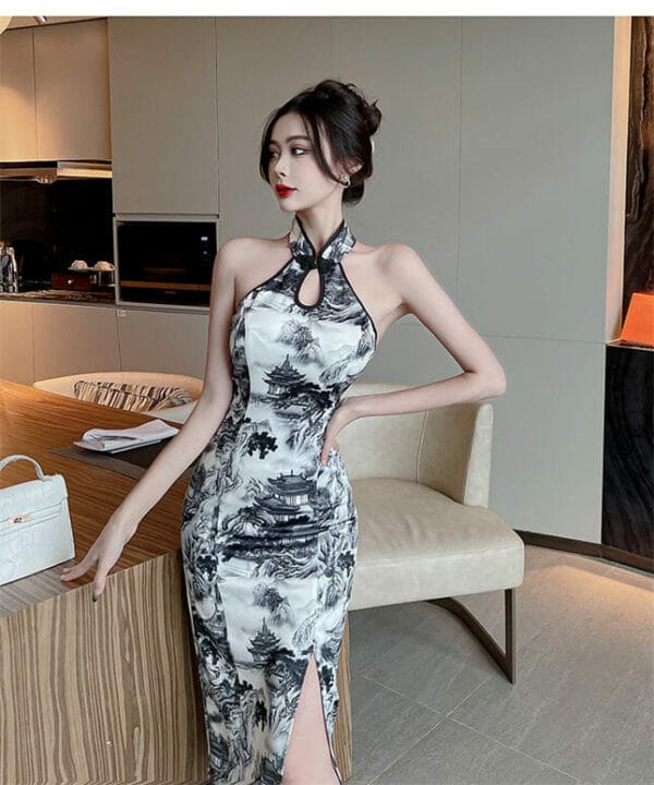 Retro Off Shoulder Printings Skinny Cheongsam Dress 3