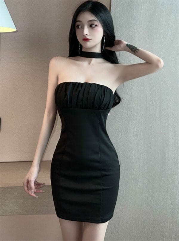 Retro Pleated Bust Backless Bowknot Straps Dress 1