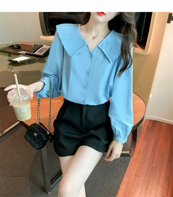 Retro Pleated Doll Collar Puff Sleeve Blouse 5