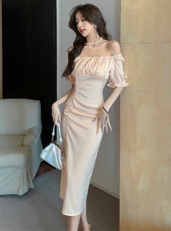 Retro Pleated Square Collar Split Slim Dress 3