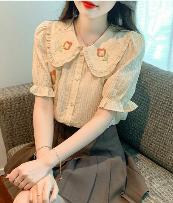 Retro Preppy Doll Collar Flowers Embroidery Puff Sleeve Blouse 5