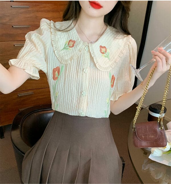 Retro Preppy Doll Collar Flowers Embroidery Puff Sleeve Blouse 2