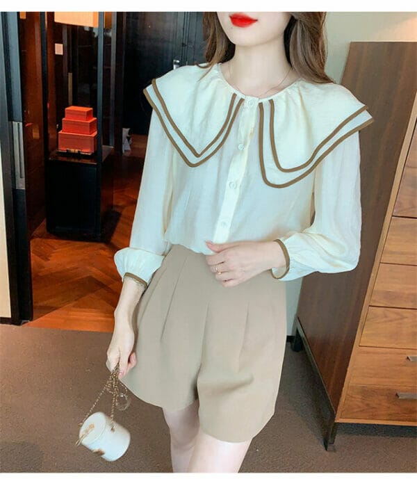 Retro Preppy Layered Doll Collar Puff Sleeve Blouse 3