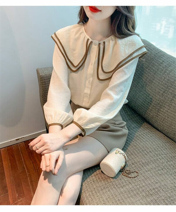 Retro Preppy Layered Doll Collar Puff Sleeve Blouse 2