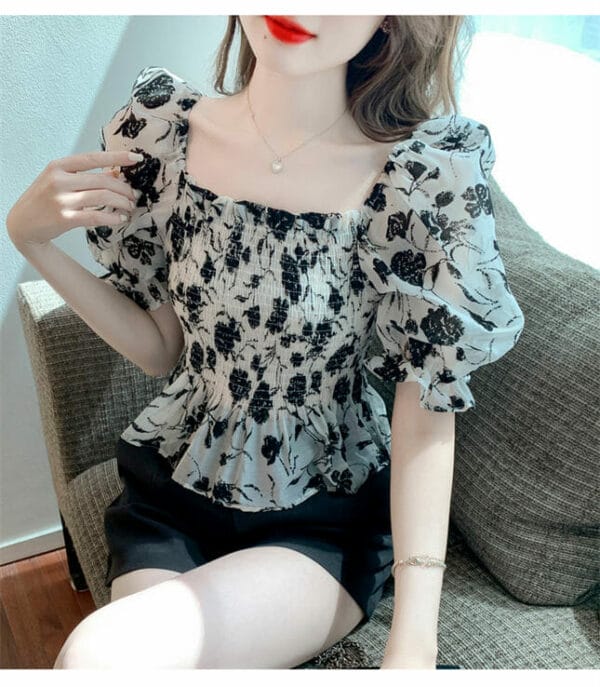 Retro Preppy Square Collar Flowers Stretchable Puff Sleeve Blouse 4