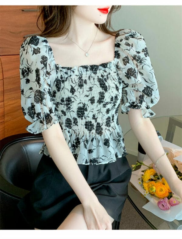 Retro Preppy Square Collar Flowers Stretchable Puff Sleeve Blouse 3