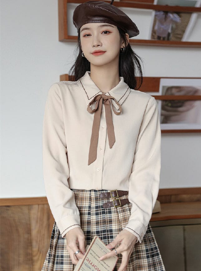 Retro Preppy Tie Bowknot Collar Long Sleeve Blouse • Seoulinspired