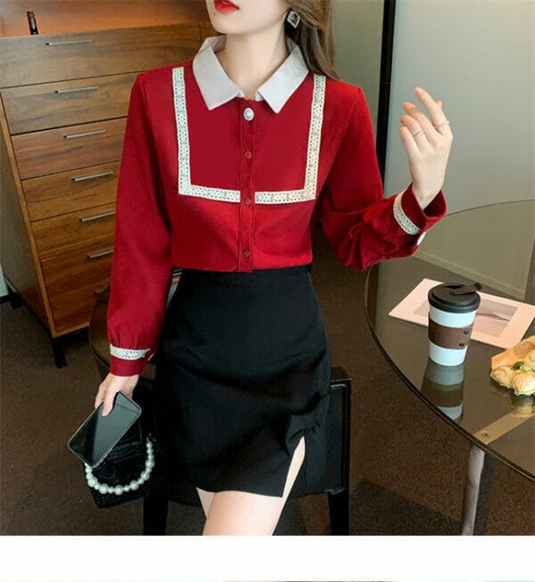 Retro Preppy Woven Splice Doll Collar Long Sleeve Blouse 4