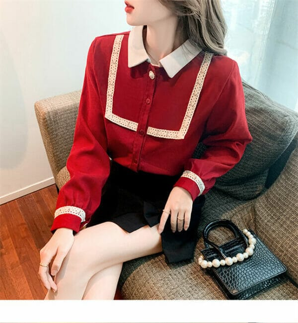 Retro Preppy Woven Splice Doll Collar Long Sleeve Blouse 3